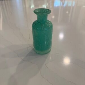 Teal Green Controlled Bubble Art Glass Bud Vase Swirl Rim Weighted Base